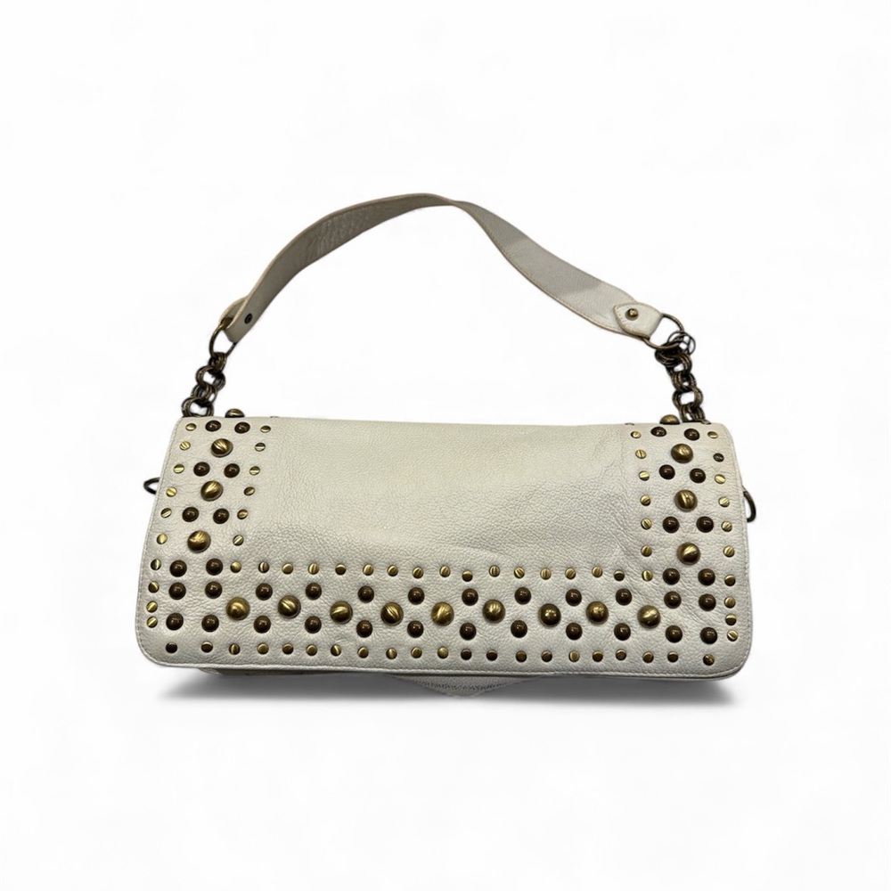 Chic White Leather Shoulder Bag with Gold Studs
